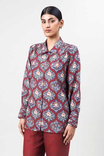 Buy_Sue Mue_Maroon Linen Collared The Jaal Printed Pure Shirt And Pant Set _Online_at_Aza_Fashions