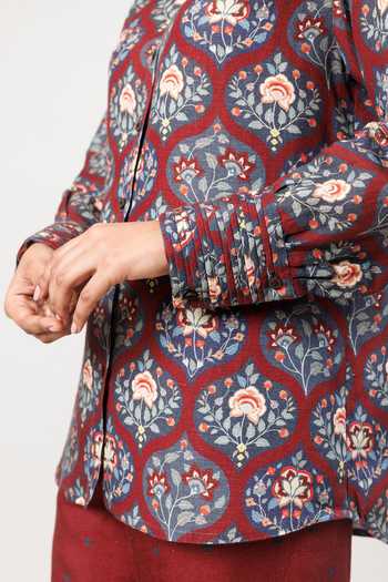 Shop_Sue Mue_Maroon Linen Collared The Jaal Printed Pure Shirt And Pant Set _Online_at_Aza_Fashions