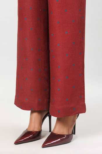Sue Mue_Maroon Linen Collared The Jaal Printed Pure Shirt And Pant Set _at_Aza_Fashions