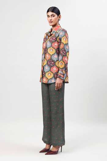 Sue Mue_Multi Color Linen Collared The Jaal Printed Pure Shirt And Pant Set _Online_at_Aza_Fashions