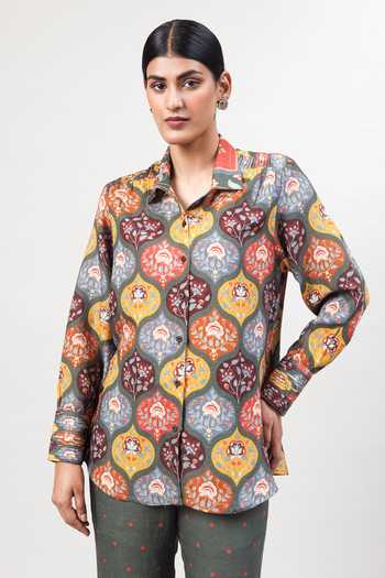 Buy_Sue Mue_Multi Color Linen Collared The Jaal Printed Pure Shirt And Pant Set _Online_at_Aza_Fashions