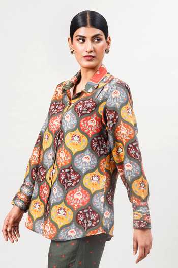 Sue Mue_Multi Color Linen Collared The Jaal Printed Pure Shirt And Pant Set _at_Aza_Fashions