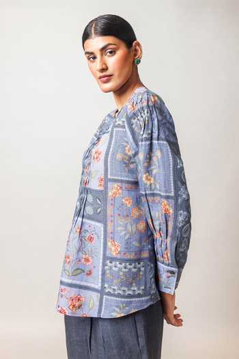 Sue Mue_Grey Linen Round Neck The Structure Printed Pure Top And Pant Set _Online_at_Aza_Fashions