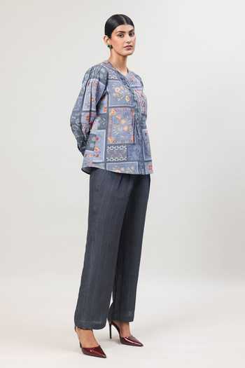 Buy_Sue Mue_Grey Linen Round Neck The Structure Printed Pure Top And Pant Set _Online_at_Aza_Fashions