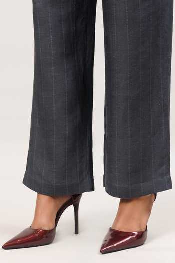 Shop_Sue Mue_Grey Linen Round Neck The Structure Printed Pure Top And Pant Set _Online_at_Aza_Fashions