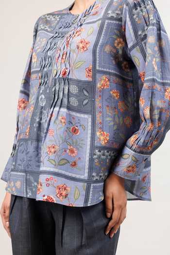 Sue Mue_Grey Linen Round Neck The Structure Printed Pure Top And Pant Set _at_Aza_Fashions