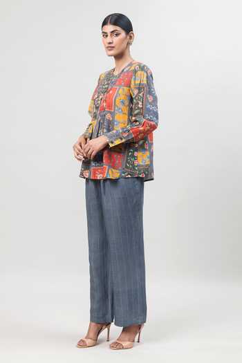 Sue Mue_Multi Color Linen The Structure Print Pure Top And Pant Set _Online_at_Aza_Fashions