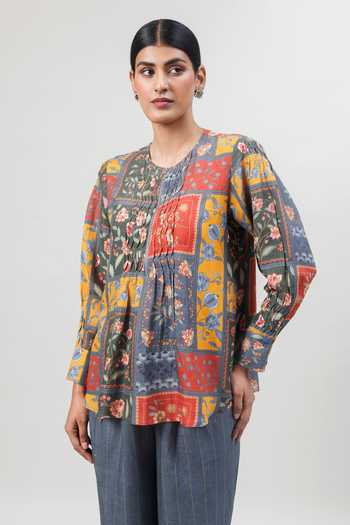 Shop_Sue Mue_Multi Color Linen The Structure Print Pure Top And Pant Set _Online_at_Aza_Fashions