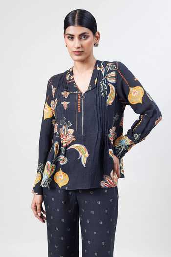 Sue Mue_Black Linen Split V-neck Printed Pure Shirt And Pant Set _Online_at_Aza_Fashions