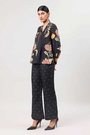 Buy_Sue Mue_Black Linen Split V-neck Printed Pure Shirt And Pant Set _Online_at_Aza_Fashions