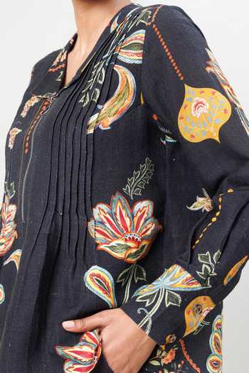 Sue Mue_Black Linen Split V-neck Printed Pure Shirt And Pant Set _at_Aza_Fashions