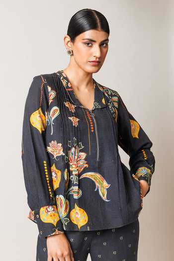 Buy_Sue Mue_Black Linen Split V-neck Printed Pure Shirt And Pant Set 