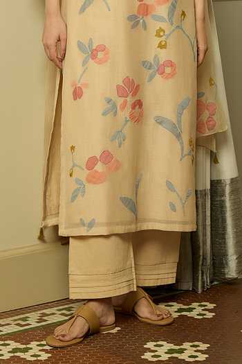 Vaayu_Beige Cotton, Muslin Applique Sand Work Kurta Set _Online_at_Aza_Fashions