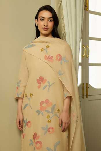 Buy_Vaayu_Beige Cotton, Muslin Applique Sand Work Kurta Set _Online_at_Aza_Fashions