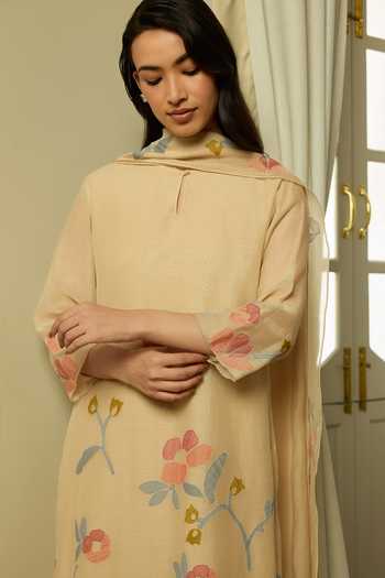 Shop_Vaayu_Beige Cotton, Muslin Applique Sand Work Kurta Set _Online_at_Aza_Fashions