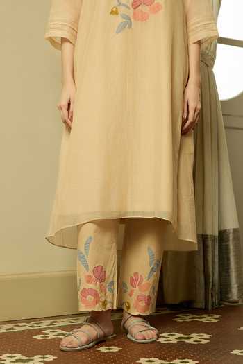 Buy_Vaayu_Beige Cotton, Muslin Applique Round Neck Sand Kurta And Pant Set _Online_at_Aza_Fashions