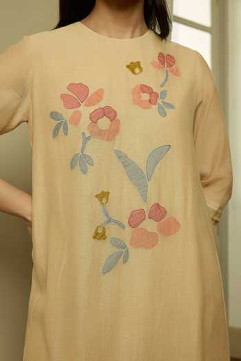 Shop_Vaayu_Beige Cotton, Muslin Applique Round Neck Sand Kurta And Pant Set _Online_at_Aza_Fashions