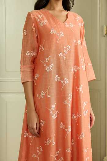 Buy_Vaayu_Orange Cotton, Muslin Embroidery Tangerine Kurta And Pant Set _Online_at_Aza_Fashions