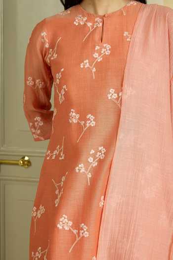 Shop_Vaayu_Orange Muslin Embroidery Round Neck Tangerine Kurta Set _Online_at_Aza_Fashions