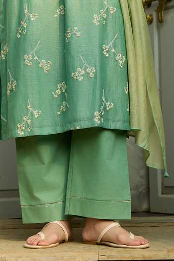 Shop_Vaayu_Green Cotton, Muslin Embroidery Round Neck Verdant Floral Kurta Set _Online_at_Aza_Fashions