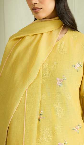 Vaayu_Yellow Muslin, Cotton Embroidery V-neck Lemon Thread Kurta Set _Online_at_Aza_Fashions