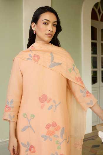 Vaayu_Peach Cotton, Muslin Applique, Tassels Round Neck Floral Embroidered Kurta Set _Online_at_Aza_Fashions