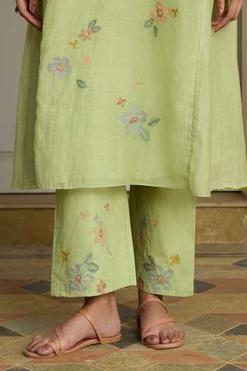 Shop Vaayu Green Cotton, Muslin Embroidery Round Neck Lime Floral Kurta And Pant Set Online at Aza Fashions Shop_Vaayu_Green Cotton, Muslin Embroidery Round Neck Lime Floral Kurta And Pant Set _Online_at_Aza_Fashions