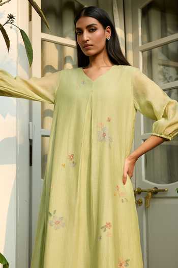 Buy_Vaayu_Green Cotton, Muslin Embroidery V-neck Lime Floral Dress _Online_at_Aza_Fashions