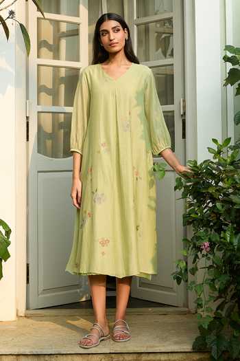 Vaayu Lime Embroidered Floral Dress