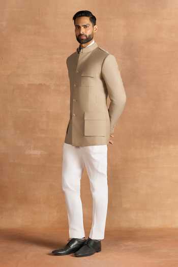 Raghavendra Rathore Jodhpur_Beige Suiting Sandstone Plain Bandhgala _Online_at_Aza_Fashions