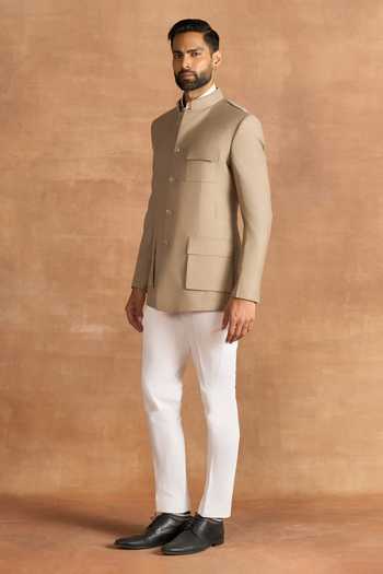 Buy_Raghavendra Rathore Jodhpur_Beige Suiting Sandstone Plain Bandhgala _Online_at_Aza_Fashions