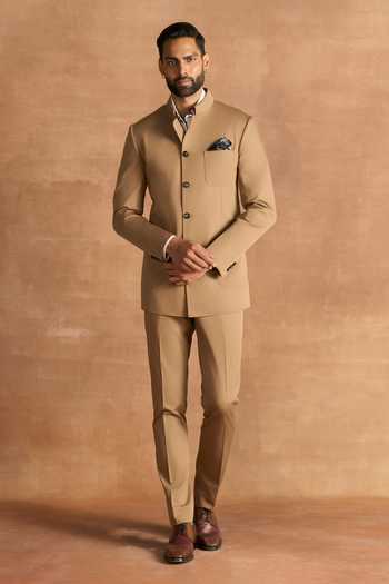 Raghavendra Rathore Jodhpur Brown Cotton, Suiting Plain Bandhgala Online at Aza Fashions Raghavendra Rathore Jodhpur_Brown Cotton, Suiting Plain Bandhgala _Online_at_Aza_Fashions