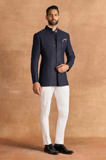 Raghavendra Rathore Jodhpur_Blue Linen Hour Bandhgala _Online_at_Aza_Fashions
