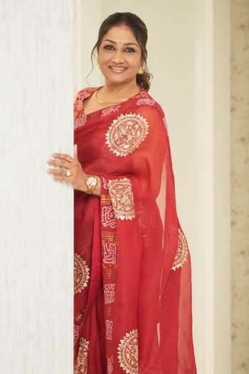 Shop_Pink City by Sarika_Red Organza, Cotton Embroidery Mandala Saree With Unstitched Blouse Piece 