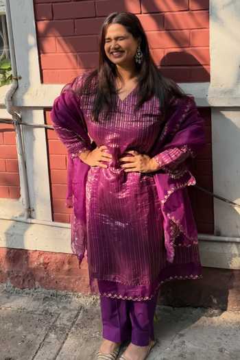 Buy_Pink City by Sarika_Purple Organza, Tissue, Poplin Embroidery V-neck Mandala Kurta And Pant Set 