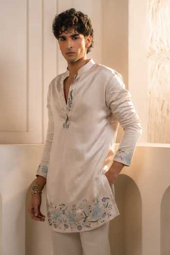 Shop_Jatin Malik_Silver Silk, Linen Embroidery Vishwa Bloom Bandhgala Set _Online_at_Aza_Fashions