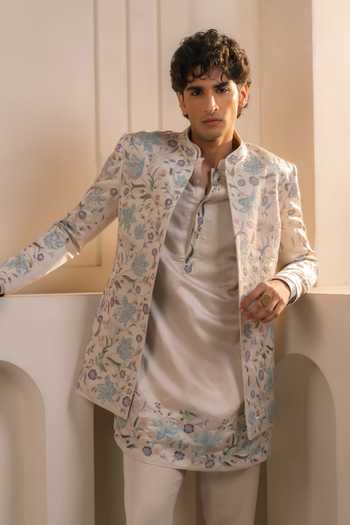 Jatin Malik_Silver Silk, Linen Embroidery Vishwa Bloom Bandhgala Set _at_Aza_Fashions