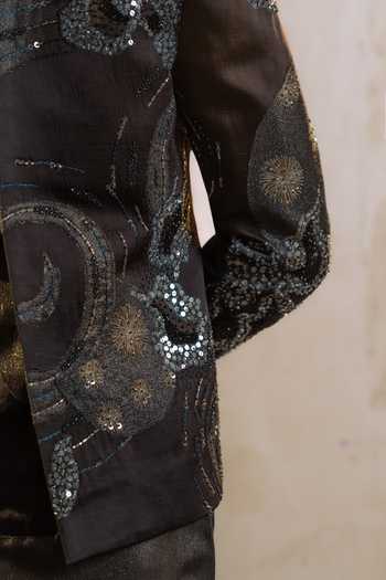Jatin Malik_Grey Silk, Linen Metallic Thread, Patchwork Moon Veil Bandhgala Set _at_Aza_Fashions