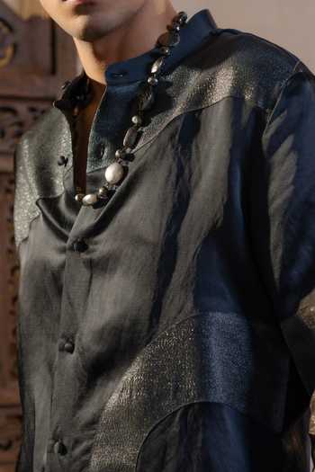 Buy_Jatin Malik_Grey Silk, Linen Metallic Thread, Patchwork Moon Veil Bandhgala Set 