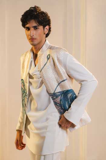 Buy_Jatin Malik_Ivory Silk, Crepe, Linen Embroidery Shankara Hand Nehru Jacket And Kurta Set _Online_at_Aza_Fashions