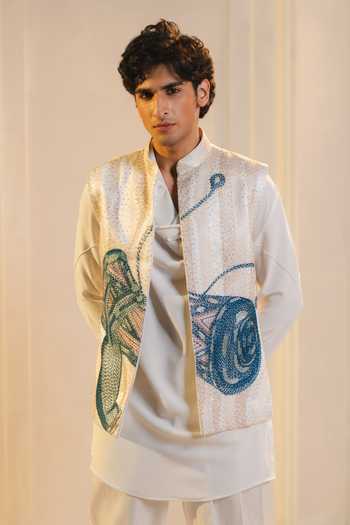 Shop_Jatin Malik_Ivory Silk, Crepe, Linen Embroidery Shankara Hand Nehru Jacket And Kurta Set _Online_at_Aza_Fashions