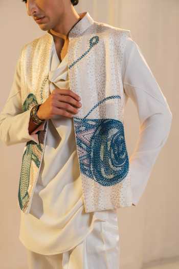 Jatin Malik_Ivory Silk, Crepe, Linen Embroidery Shankara Hand Nehru Jacket And Kurta Set _at_Aza_Fashions