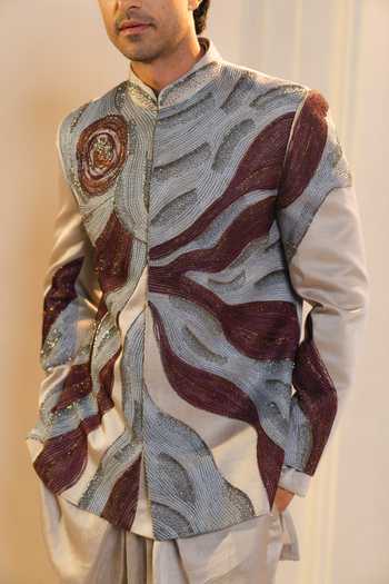 Buy_Jatin Malik_Silver Silk, Linen Embroidery Samudra Bandhgala And Kurta Set _Online_at_Aza_Fashions
