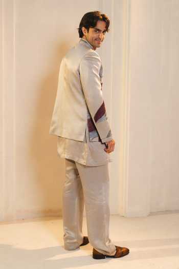 Shop_Jatin Malik_Silver Silk, Linen Embroidery Samudra Bandhgala And Kurta Set _Online_at_Aza_Fashions