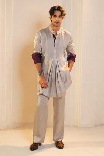 Jatin Malik_Silver Silk, Linen Embroidery Samudra Bandhgala And Kurta Set _at_Aza_Fashions