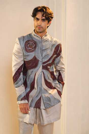Buy_Jatin Malik_Silver Silk, Linen Embroidery Samudra Bandhgala And Kurta Set 