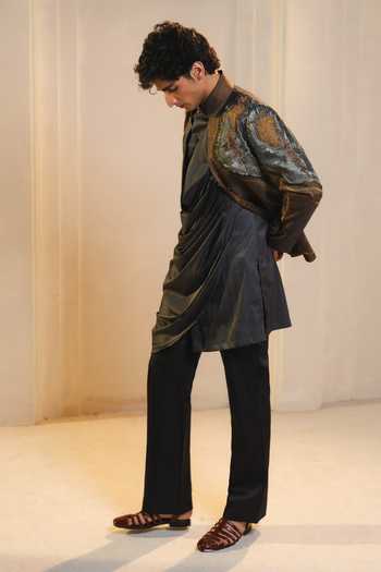 Buy_Jatin Malik_Gold Tissue, Satin, Silk, Linen Zari Duskwave Jacquard Jacket And Kurta Set _Online_at_Aza_Fashions