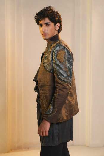 Shop_Jatin Malik_Gold Tissue, Satin, Silk, Linen Zari Duskwave Jacquard Jacket And Kurta Set _Online_at_Aza_Fashions
