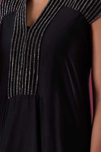 Buy_Amit Aggarwal_Black Chiffon Beads V-neck Embellished Yoke Dress 