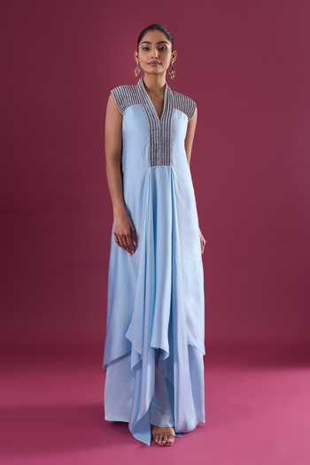 Shop_Amit Aggarwal_Blue Chiffon Beads V-neck Placed Embroidered Maxi Dress _Online_at_Aza_Fashions